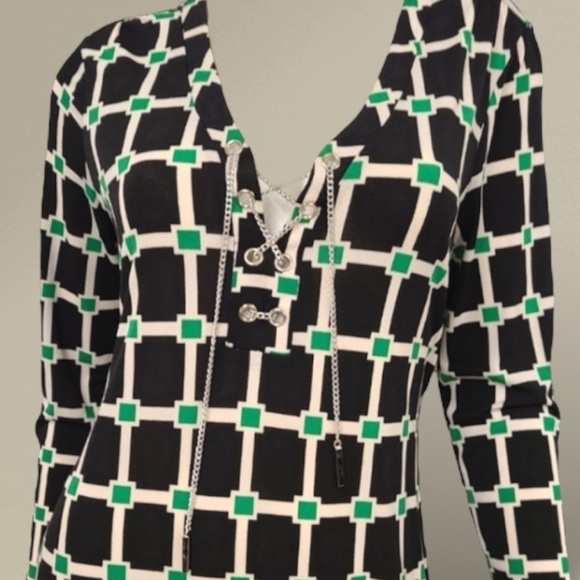 Jules & Leopold Black Green Geometric Belted Midi Dress Silver Chain Detail Sz S - Picture 5 of 14